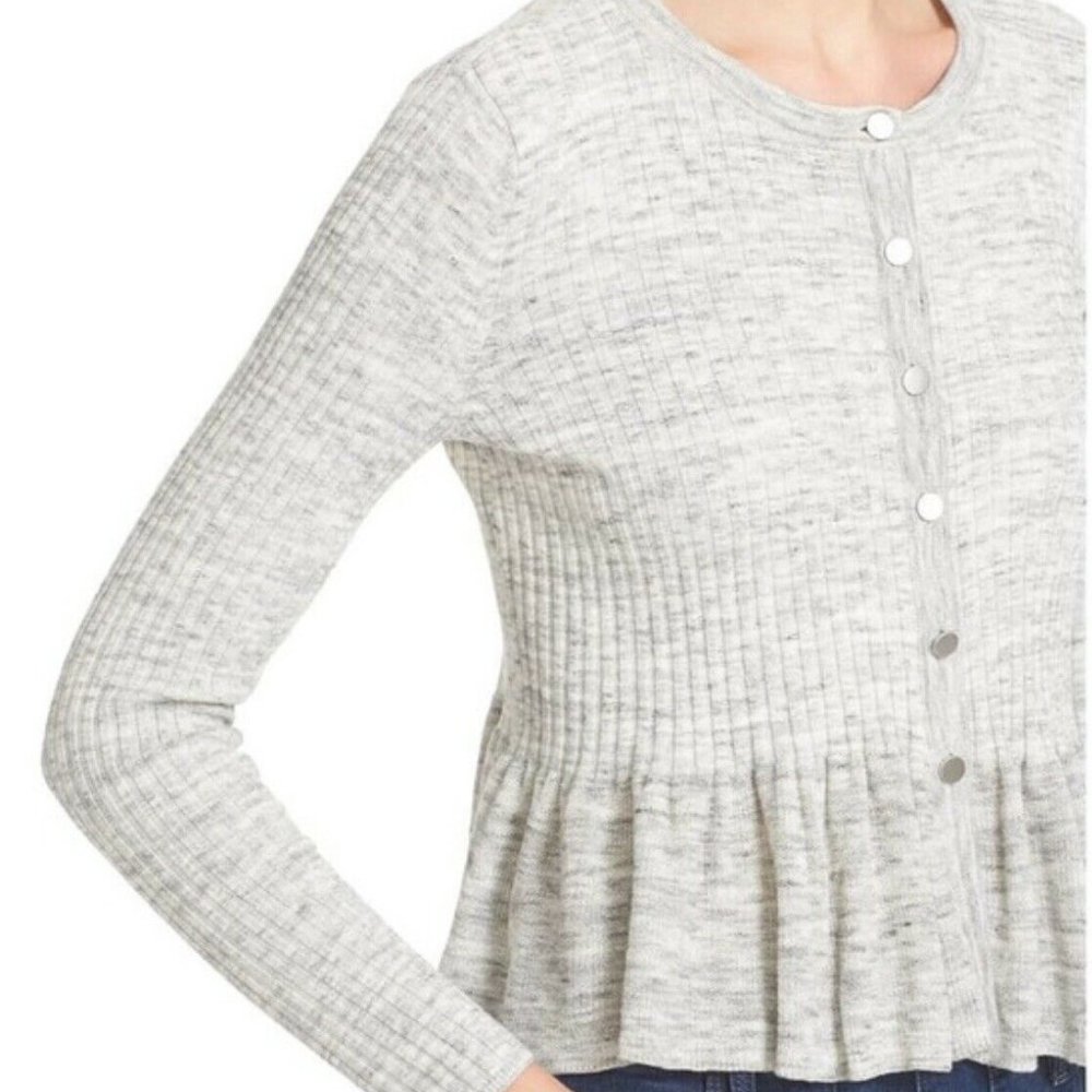 Rebecca Taylor Rib Knit Peplum Cardigan Sweater Marled Gray Small NEW!